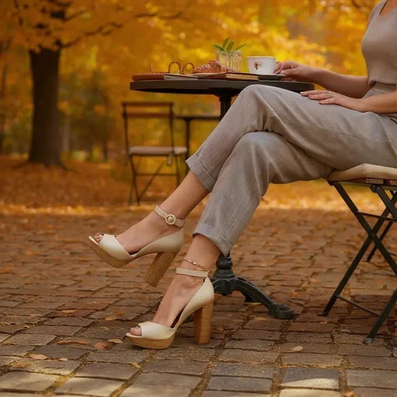 Sun & Stone Retro Peep Toe Pumps Stacked Heels Sandals 10 M White Bone Ivory - Picture 16 of 16